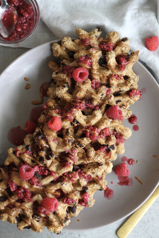 Chocolate Chip Almond Butter Waffles with Raspberry Compote